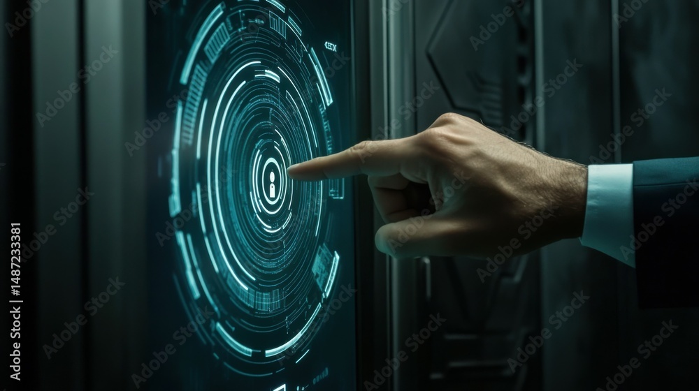 Poster businessman's touch screen lock with the most advanced security system to access high-tech systems. 