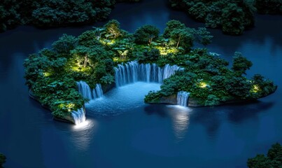 Obraz premium Night Waterfall Island Oasis, Lush Tropical Paradise