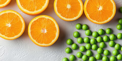 Fototapeta premium Citrus fruit slices juxtaposed with small, round, green candies.