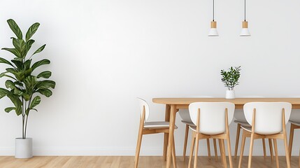 Modern dining room interior design featuring a wooden table, white chairs, plants, and minimalist pendant lights.