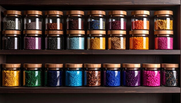 Glass bottles with wooden lids filled with colorful beads on a shelf