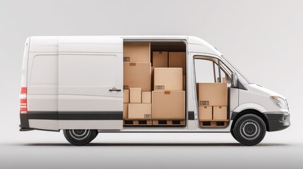 Delivery Van with Open Door Showing Stacked Boxes and Pallets in a Clean White Background for Transportation and Logistics Concepts