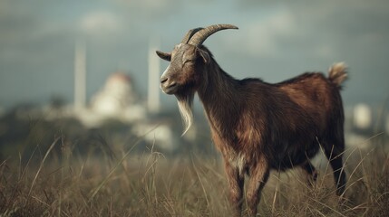 Obraz premium Brown goat stands amidst tall grass near buildings.