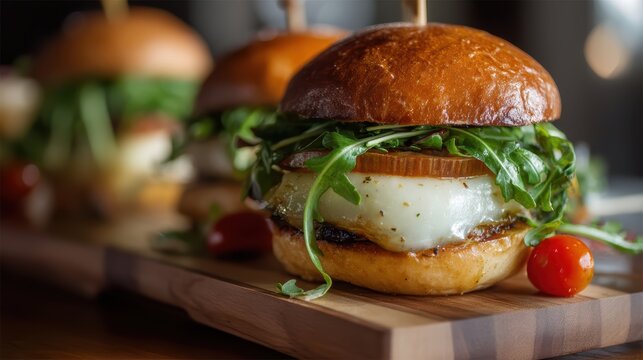 Delicious gourmet burgers with melted cheese onions and fresh arugula served on a wooden board ready to be enjoyed as a delightful meal.