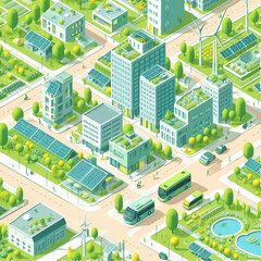 Isometric illustration of a futuristic green city with smart eco-buildings, solar panels, wind turbines, electric transport, and sustainable urban design.