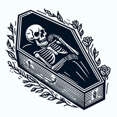 Skeleton in a vampire coffin. Halloween Skull Bones Anatomy Skeletal Clipart Line Art Vector Illustration. Bony remains within bloodsuckers sepulcher chilling horror crypt artifact.