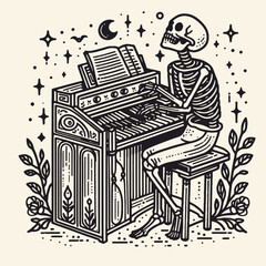 Skeleton playing a haunted organ. Halloween Skull Bones Anatomy Skeletal Clipart Line Art Vector Illustration. Bony phantom at spooky keyboard grim music machine with spectral theme.
