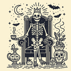 Skeleton sitting on a Halloween throne. Skull Bones Anatomy Skeletal Clipart Line Art Vector Illustration. Bony figure autumnal spooky regal seat for eerie festival decoration.
