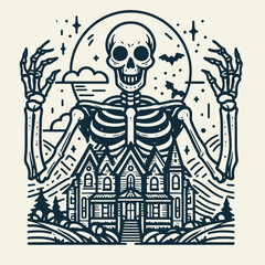 Skeleton with a haunted mansion in the background. Halloween Skull Bones Anatomy Skeletal Clipart Line Art Vector Illustration. Bony figure before spooky residence eerie estate vista.