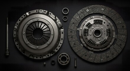 Obraz premium Detailed Car Clutch Components Arrangement on Dark Surface, Mechanical Spare Parts