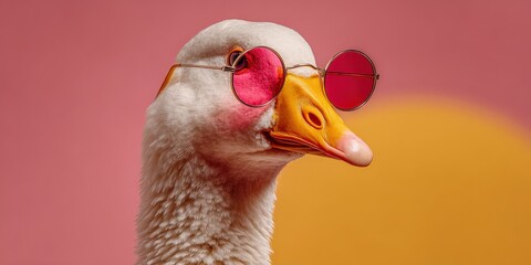 Hipster Goose: A close-up of a goose wearing fashionable sunglasses, its features accentuated with a playful, vibrant background, this image evokes a sense of quirky charm and lightheartedness.