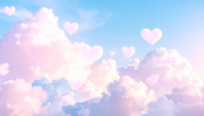 A fantastic scene with pastel colored heart clouds overlapping in the sky