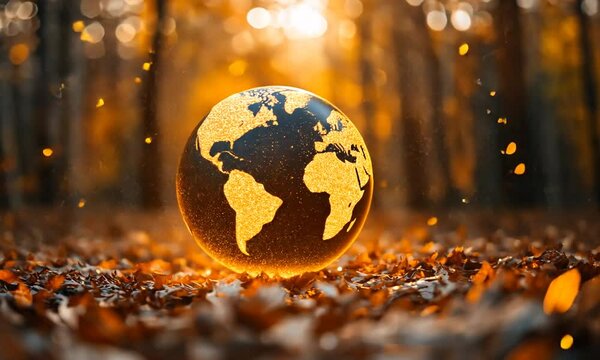 Glowing globe with world map amidst autumn leaves in a sunlit forest, evoking warmth and nature