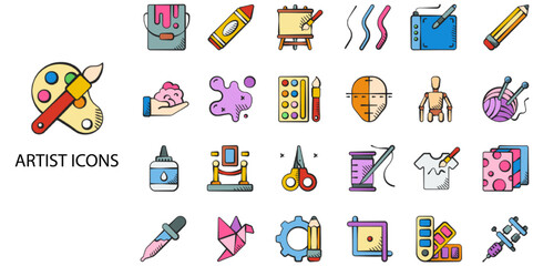Artist simple concept 24 hand drawn color icons set .Vector illustration.