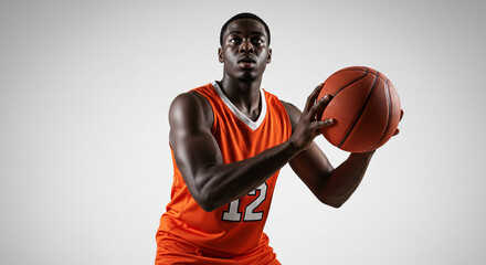 Focused African American basketball player in dynamic pose with ball against a clean gradient background ready for action and competitive game