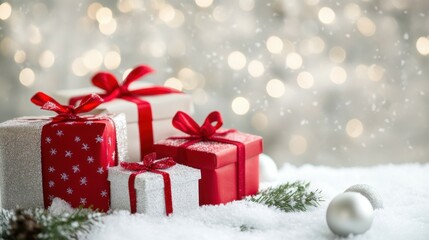 Red and white Christmas gifts in snow with branches and twinkling silver background