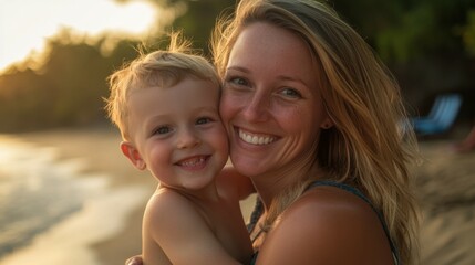 Mother and Son Enjoying a Photo Moment at their Vacation