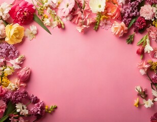 Firefly spring flowers border pink background top view