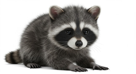 Obraz premium Adorable young raccoon with expressive eyes, perched on a plain white surface, exhibiting its soft gray fur and iconic bandit mask marking