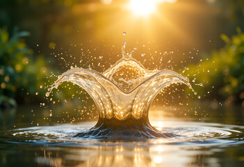 Golden Hour Water Splash: Dynamic Crown Formation with Sunlit Bokeh and Ripples Evoking Freshness, Purity, and the Beauty of Nature's Transient Movement.


