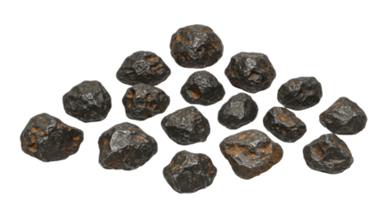 Group of Raw Iron Ore Lumps Isolated on a Transparent PNG Background , iron ore, ore, iron, mineral, rock, stone, lumps, raw, natural, geological, geology
