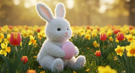 Fototapeta premium Easter bunny plush toy in spring meadow