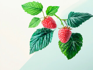 Two ripe raspberries with lush green leaves hang from a delicate branch against a soft pastel background, creating a fresh and artistic botanical composition with a natural and elegant aesthetic.