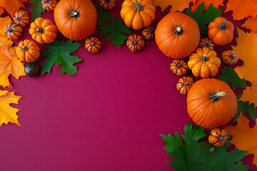 A festive autumn arrangement of pumpkins, gourds, and colorful maple leaves frames a rich burgundy background, creating a seasonal composition perfect for Thanksgiving, fall celebrations.