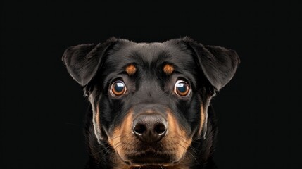 Fototapeta premium Anxious Rottweiler portrait, dark background, studio shot, pet adoption