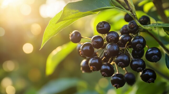 Farming concept - asai berries growing on bunch