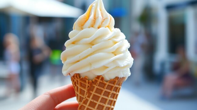 Close-up of a hand holding a delicious vanilla ice cream cone with a waffle cone. Perfect for summer and dessert themes.