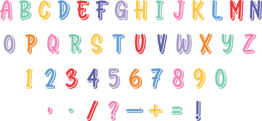 kids letters. Bright childish style alphabet numbers and marks. Color chalks scribbles abc. Kindergarten or preschool letter, neoteric vector set