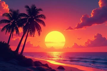 Fototapeta premium Silhouetted palm trees against a blazing sunset over the sea , seascape, tropical, horizon