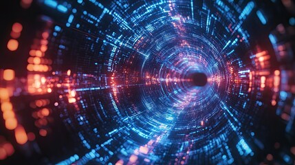 Futuristic digital design with glowing blue and red circular shapes, conveying technology and innovation.