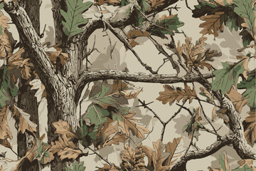Real tree forest camouflage seamless pattern design pattern for hunting and military uniform. A camouflage pattern featuring oak leaves and branches, with earthy tones of brown and green.