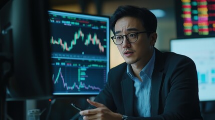 Asian businessman talking about stock market investment and graph from tv screen with broker trader, giving money plan management and analysis
