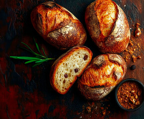 Rustic artisan bread with a golden, crispy crust and soft, airy interior studded with raisins is arranged on a dark textured surface, accompanied by fresh rosemary and a bowl of crumbled spices.