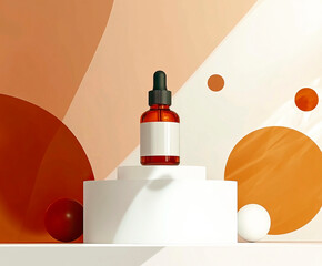 A brown glass dropper bottle with a blank white label is displayed on a white podium against a modern, abstract beige and brown background, creating a minimalist and elegant product presentation.