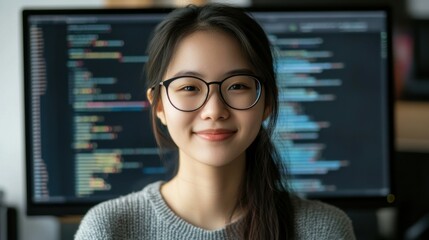 Portrait young Asian woman developer programmer, software engineer, IT support, wearing glasses look at camera and smile enjoy working at home.