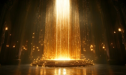 Golden light beam shines down on a circular stage in a grand hall with classical pillars