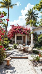 Fototapeta premium Vibrant Tropical Garden with Outdoor Dining Area and Bougainvillea