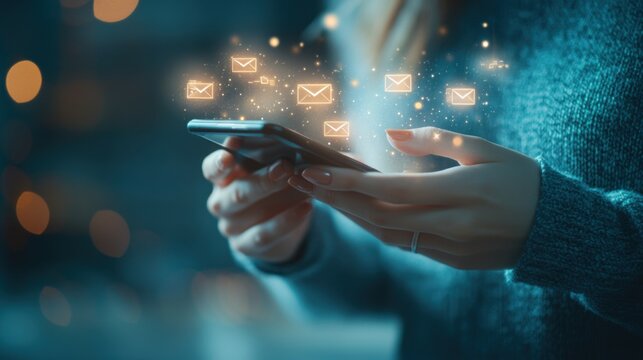 Marketing or newsletter concept, Person use smartphone with virtual Email icons for Send bulk documents via email. Direct selling projects in business List of customers who want to send by email.