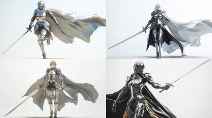 Four female figures in stylized armor, each with a flowing cape and a sword, presented in a grid format against a white background