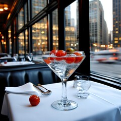 Elegant Cocktail in City View Restaurant Martini with Cherry Garnish