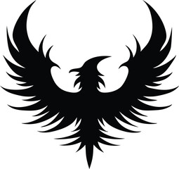 A black silhouette of a phoenix with its wings spread wide on a white background