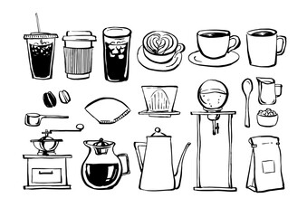 珈琲 カフェ　線画 イラスト セット　ベクター