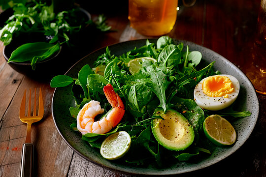 A fresh and healthy salad with shrimp, avocado, boiled egg, lime and herbs is served on a plate, creating a colorful and nutritious dish, perfect for a balanced diet and a gourmet lunch.