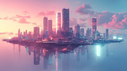 Fototapeta premium Futuristic floating cityscape with advanced buildings and elevated platforms.