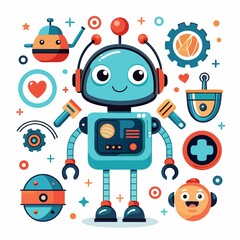 Cute robot surrounded by colorful tech elements