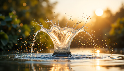 Golden Hour Water Splash: Dynamic Crown Formation with Sunlit Bokeh and Ripples Evoking Freshness, Purity, and the Beauty of Nature's Transient Movement.

